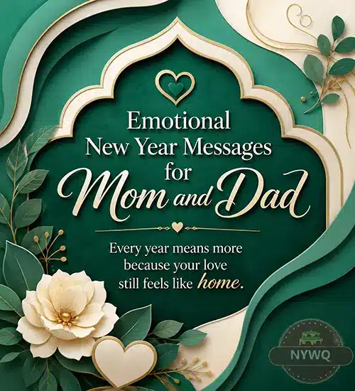 Emotional New Year messages for Mom and Dad in an emerald and teal premium design