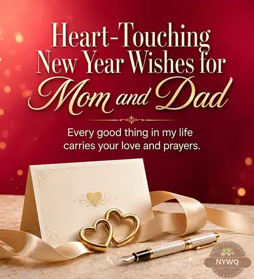 Heart-touching New Year wishes for Mom and Dad with a loving message on a ruby greeting-card design