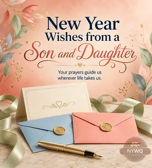 New Year wishes for Mom and Dad from a son and daughter with cards and overlapping envelopes