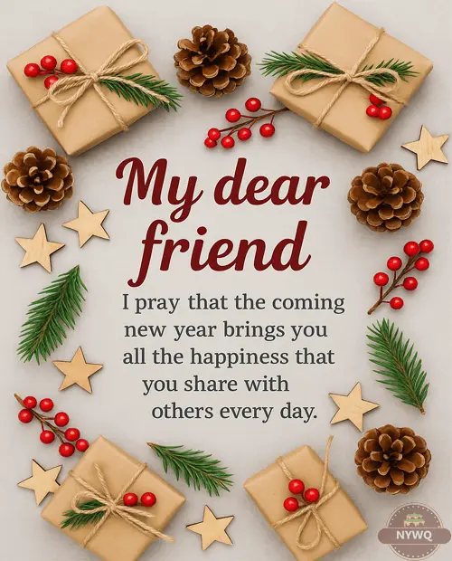 Happy New Year wishes for friend on WhatsApp with festive decorations, gift boxes, and pinecones on a white surface