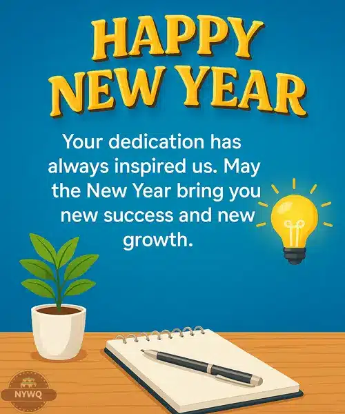 A inspiring New Year Message for employees with a glass trophy, notebook and plant on a clean colorful background.