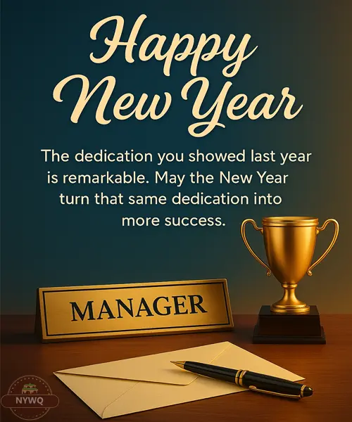 Golden trophy, manager desk nameplate and envelope displayed on a wooden table for a New Year Messages from Boss to employees.
