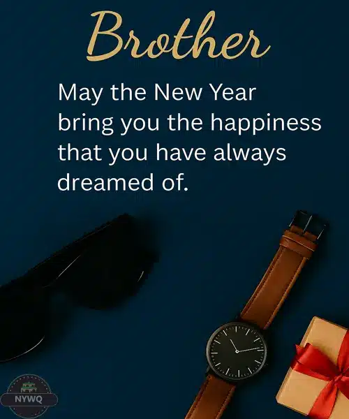 New Year Wishes for Brother card with watch, sunglasses and a small gift box.