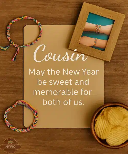 New Year greetings card for cousins with wrapped gift box and festive ribbons