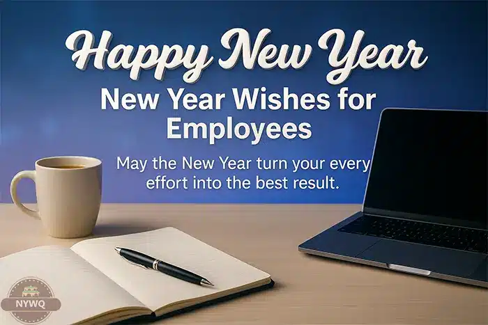 New Year wishes for employees image with laptop, coffee cup and team-work themed desk setup
