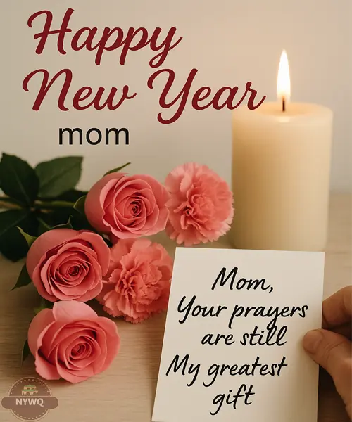 New Year wishes for mother card with pink roses, a lit candle, and a hand holding a note.