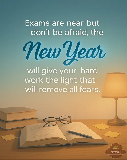 A warm study table scene with an open books, glasses and lapm showing an encourage exam message.
