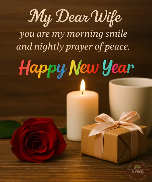 Romantic New Year Wishes Image with rose, candle and gift box on wooden table