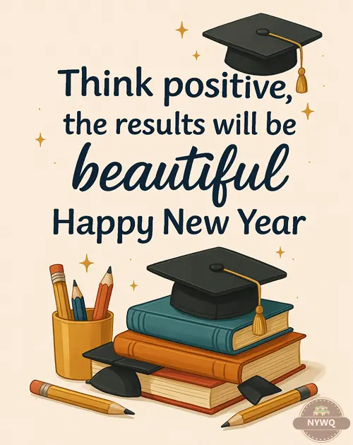 Stack of books, graduation caps, and pencils with a motivational new year messages.